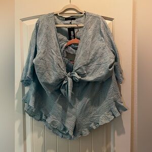 Women's Blue Eyelet Tie-Front Top and matching short set